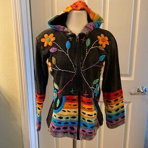 Rising international size medium black with stitched, flowering hoodie, rainbow